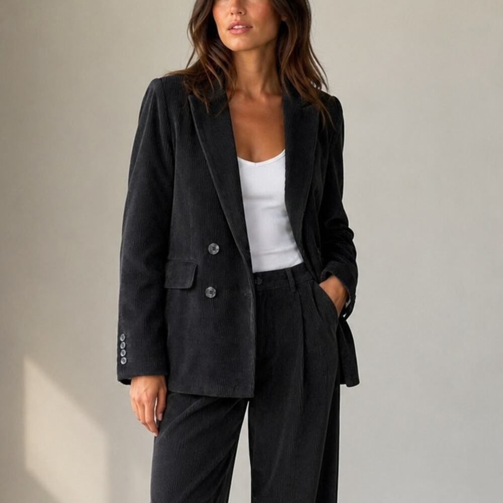 Ruti Corduroy Double-Breasted Blazer Jacket Womens Black Long Sleeve
